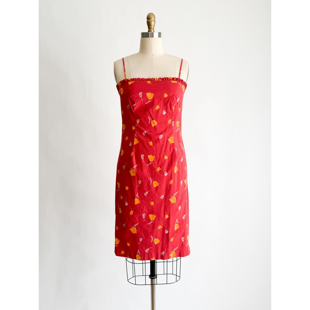 Harold's Sheath Dress Floral Tulip Ruffle Trim 6 Red Cotton Blend Made in USA